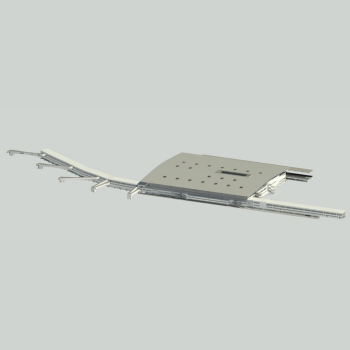 3D-rendered model of a modern airport terminal with a large curved roof and multiple jet bridges extending from the main building.